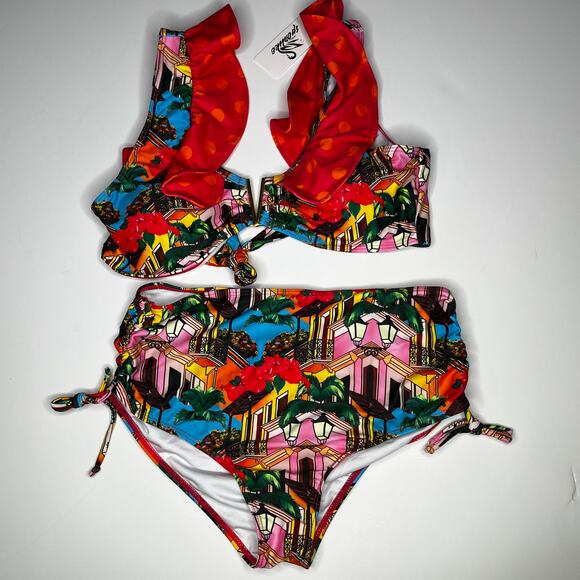 Sporlike Floral Ruffle High Waist Two Piece Swimsuit New L - Picture 1 of 10